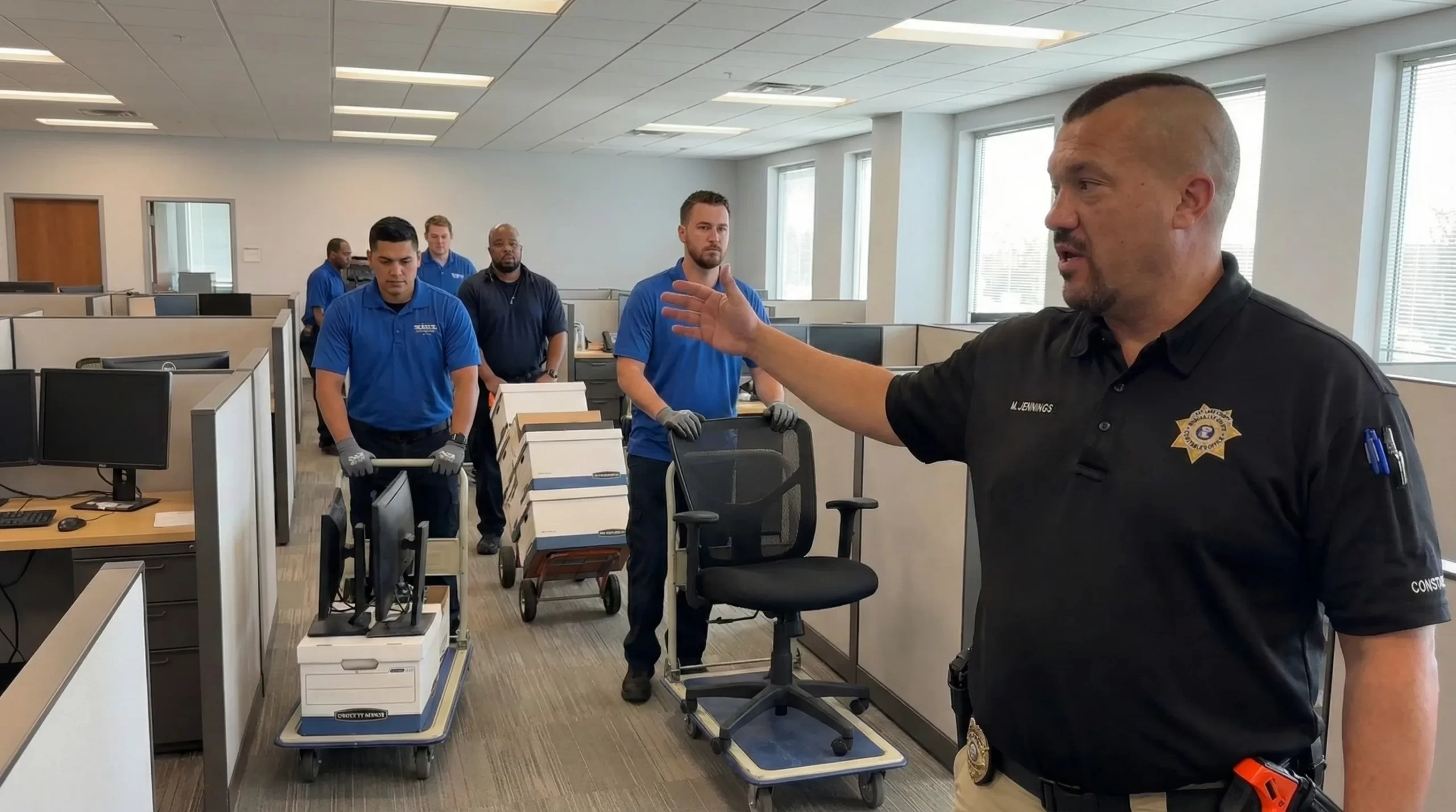 Constable directing movers through office while seizing property