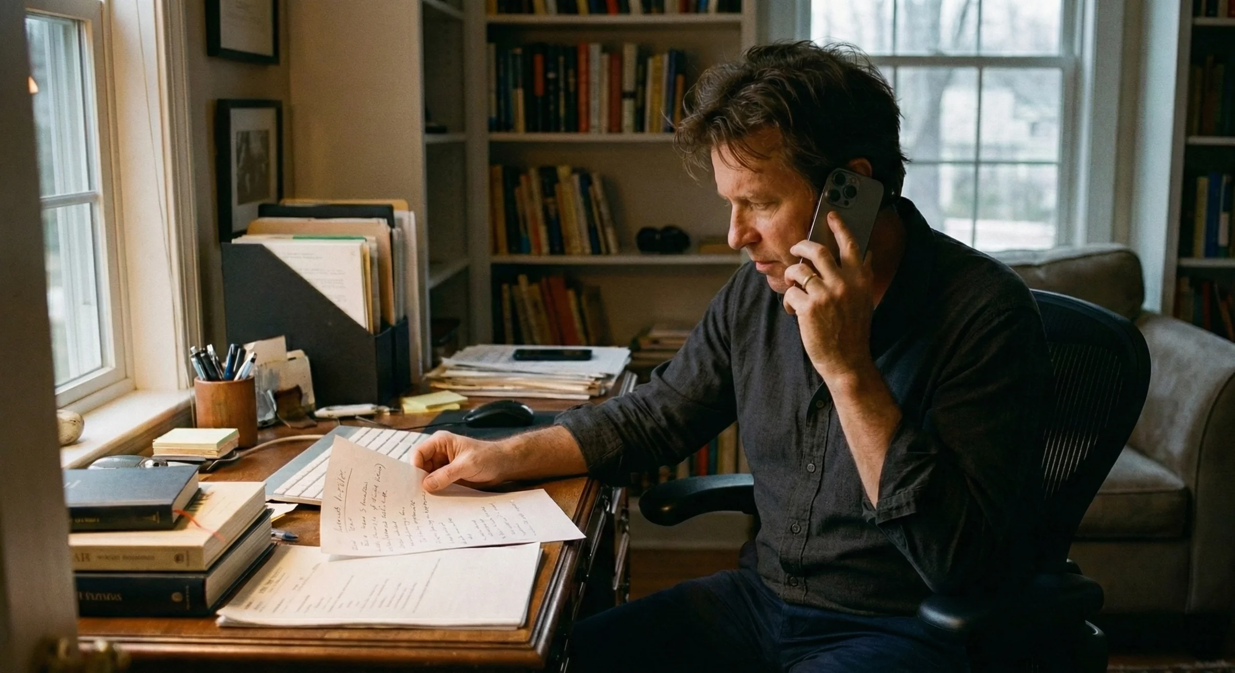 Man sitting at desk reading information into the phone.
