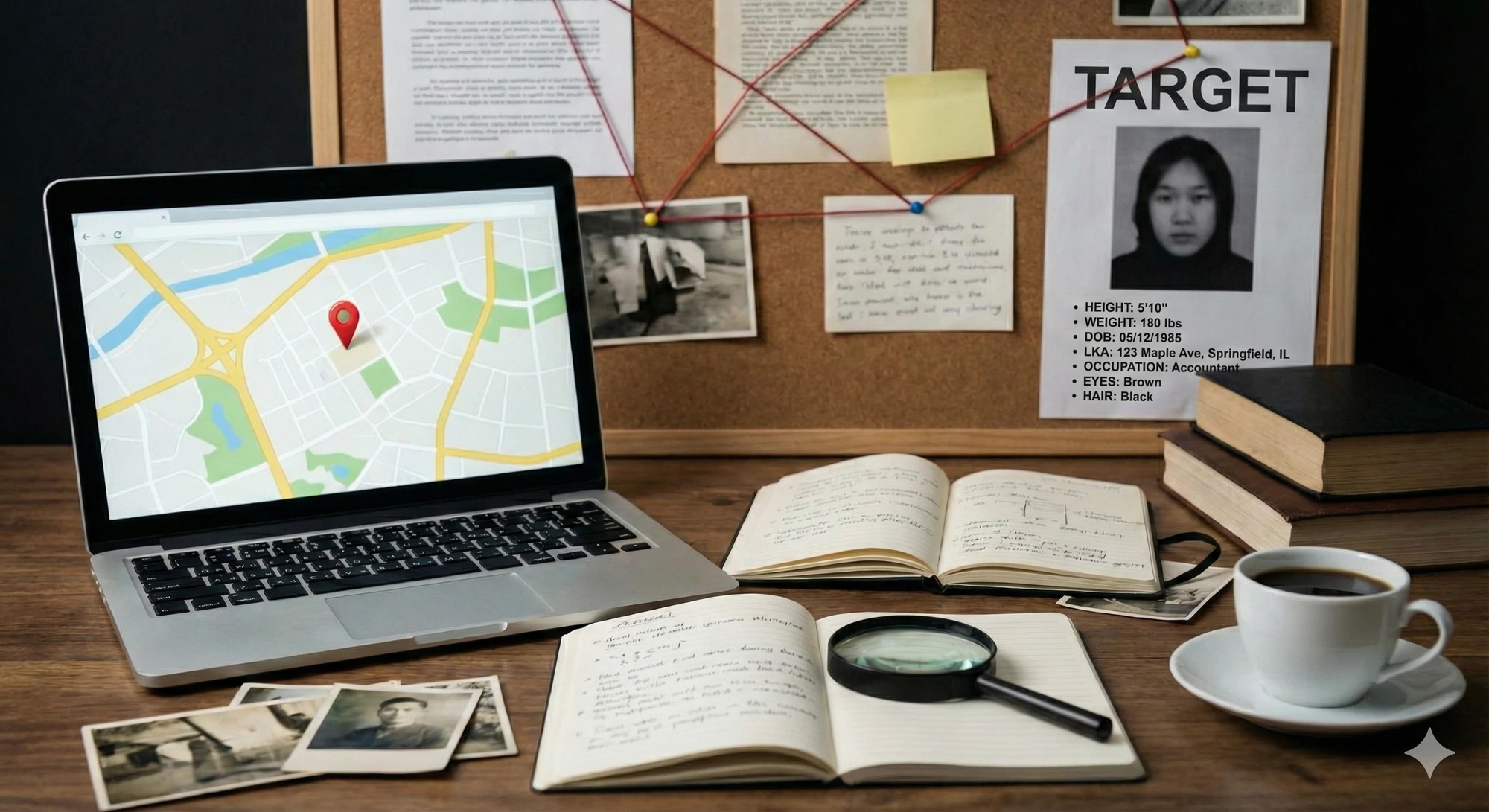 Desk with computer and work of skip tracing