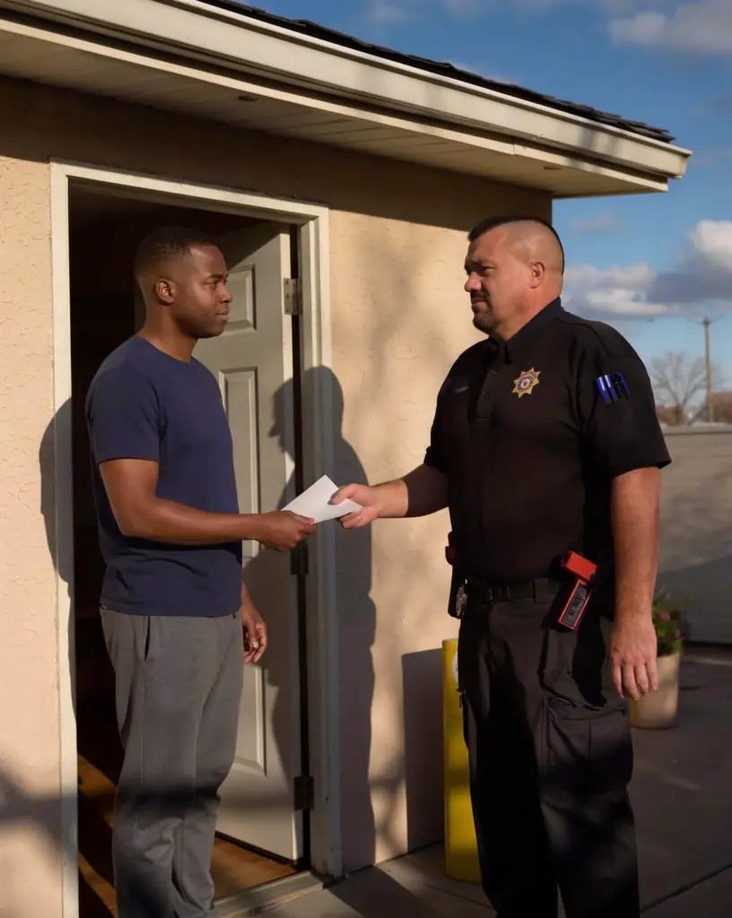 Constable Matt Jennings handing divorce papers to a man at his front door in a Salt Lake neighborhood