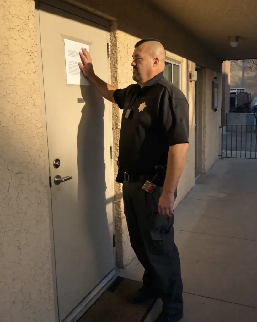 Constable Matt Jennings taping a three-day notice to pay or vacate on the door of a Utah apartment