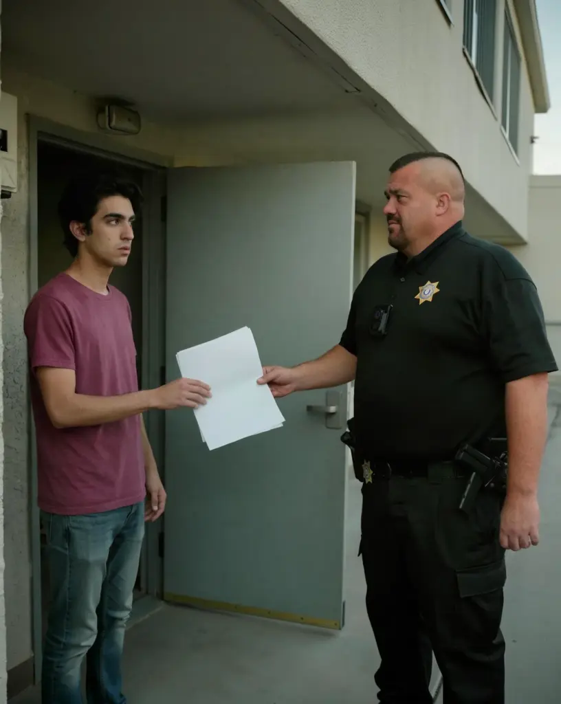 Constable Matt Jennings serving small claims papers to a young man at his apartment door