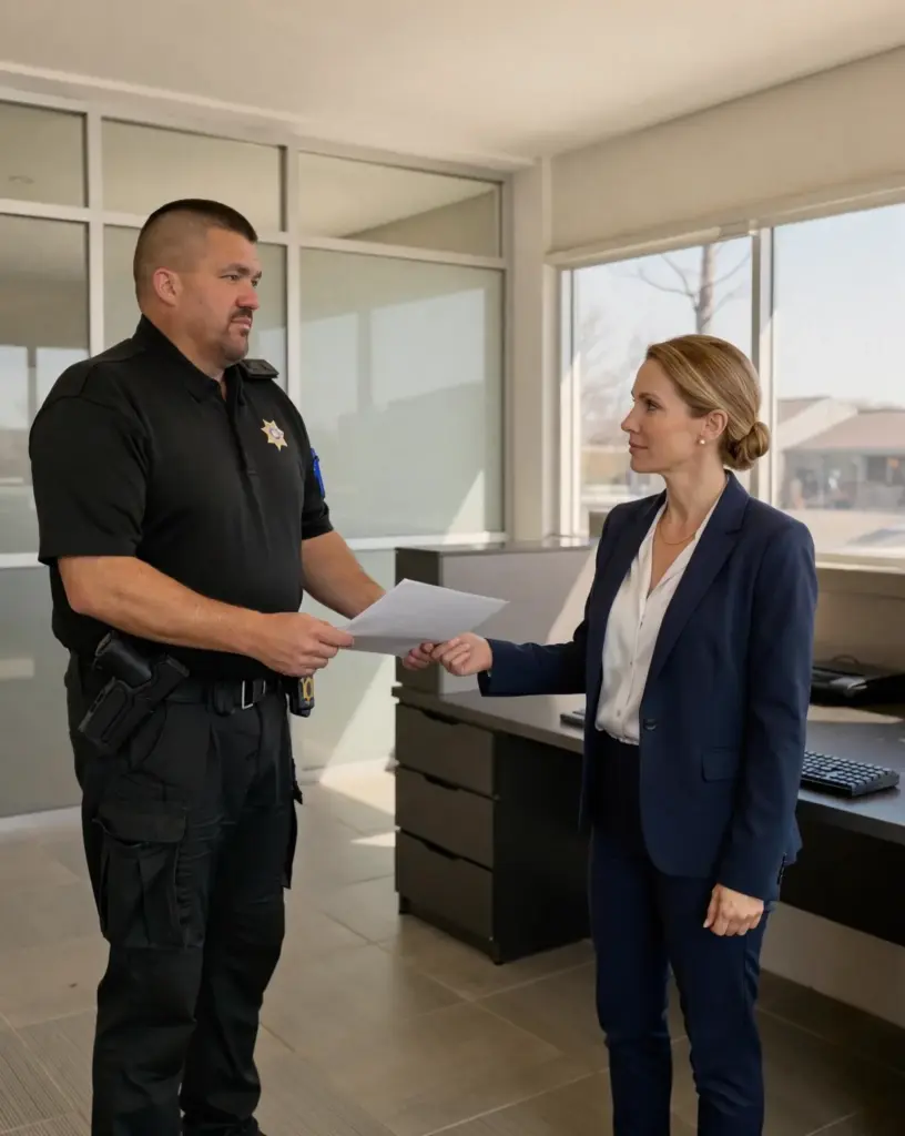 Constable Matt Jennings serving a subpoena to a bank branch manager in her office
