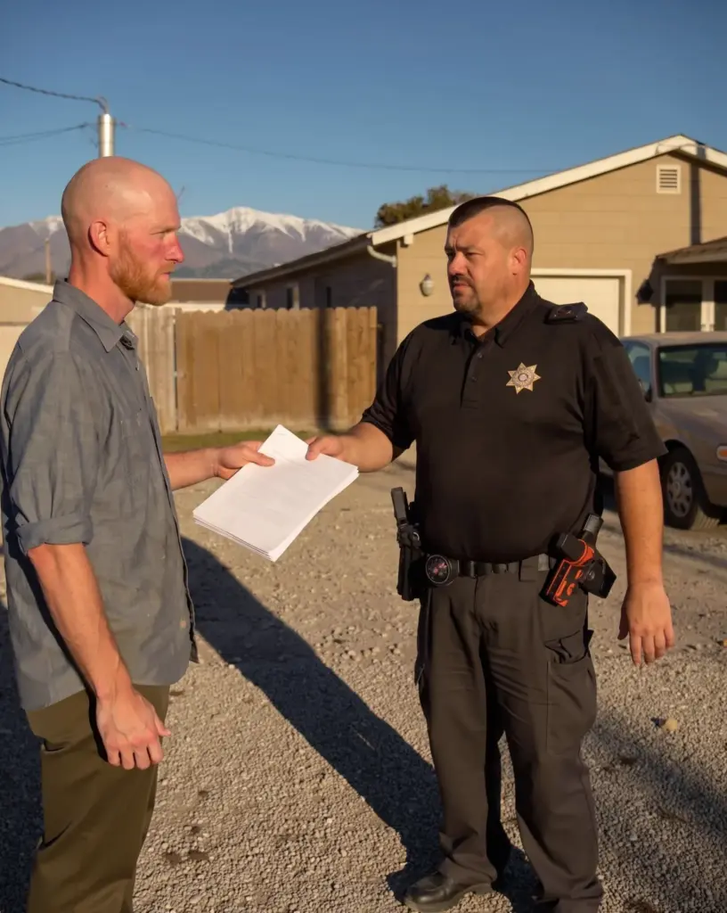 Constable Matt Jennings serving a summons and complaint to a man in the driveway of a Utah home