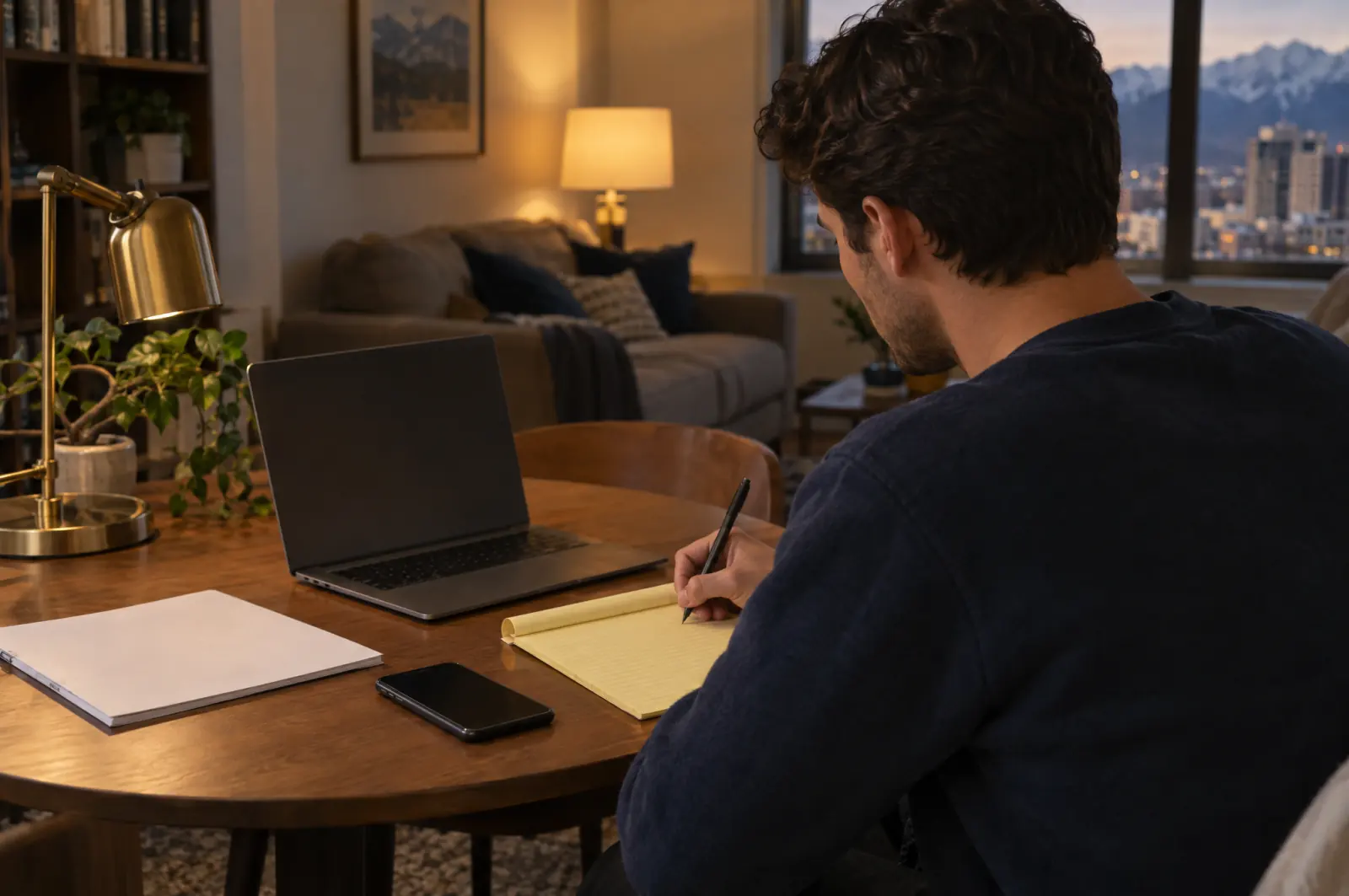 A man at his dining table writing notes beside a laptop and a stapled court document
