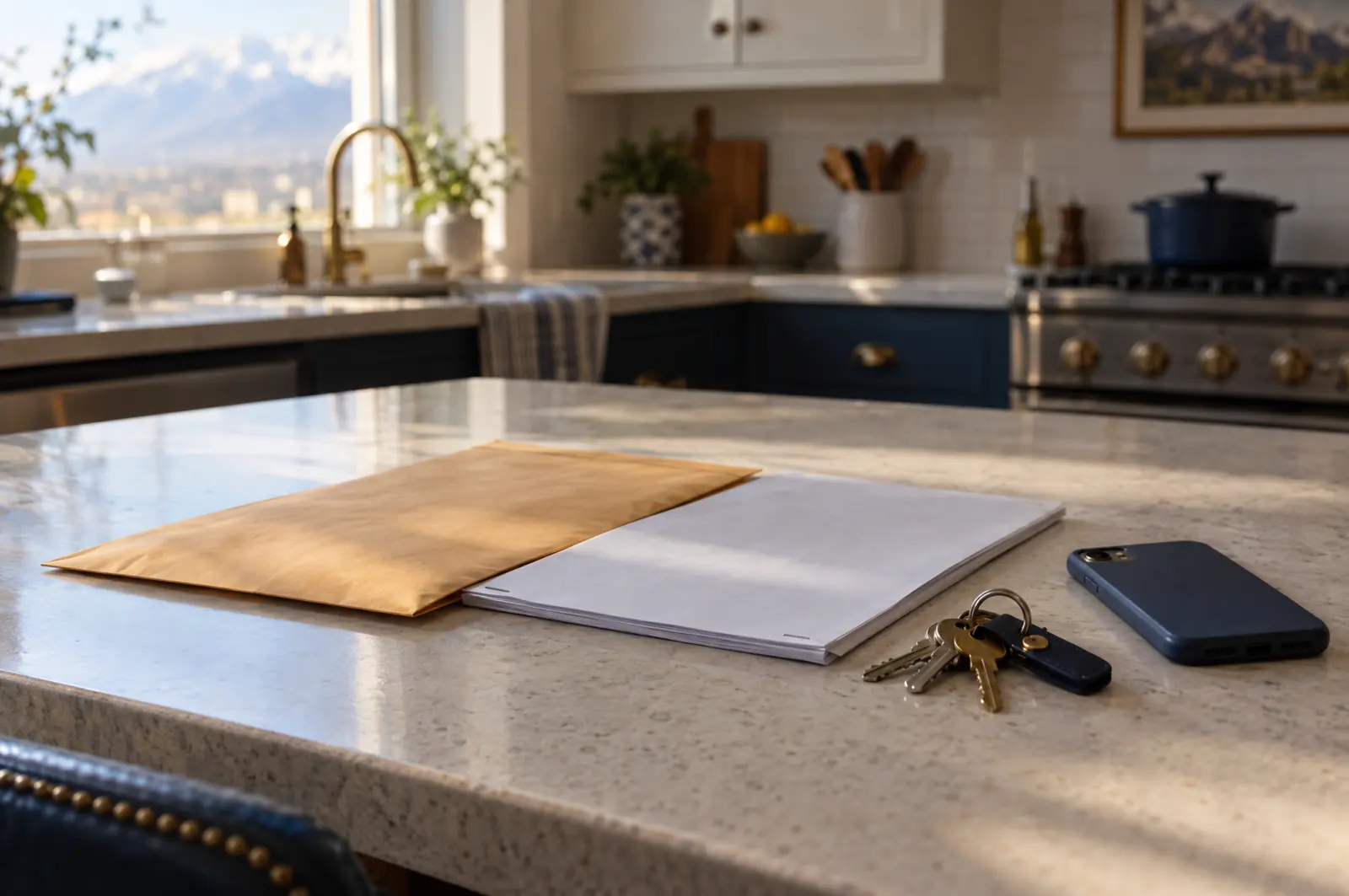 A manila envelope and a stapled packet of papers on a kitchen counter beside house keys and a phone