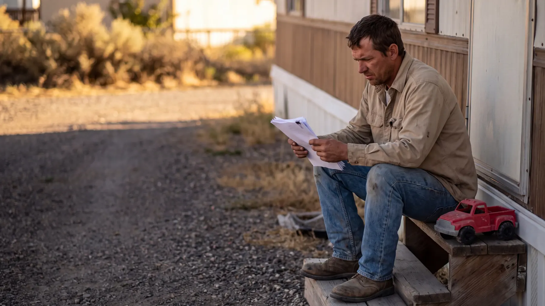 A father reads custody papers on the front step of a mobile home in Utah, a toy truck beside him