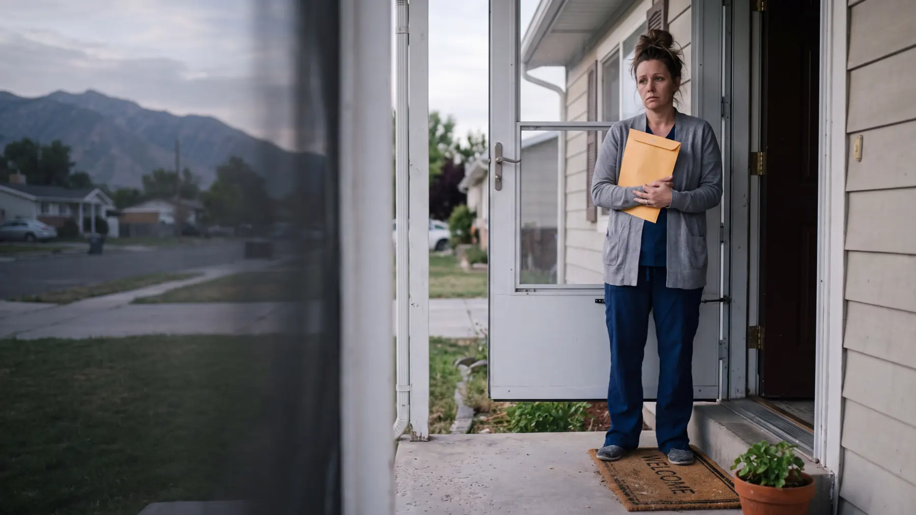 A woman in a cardigan holds a sealed envelope of divorce papers at the door of a Utah duplex