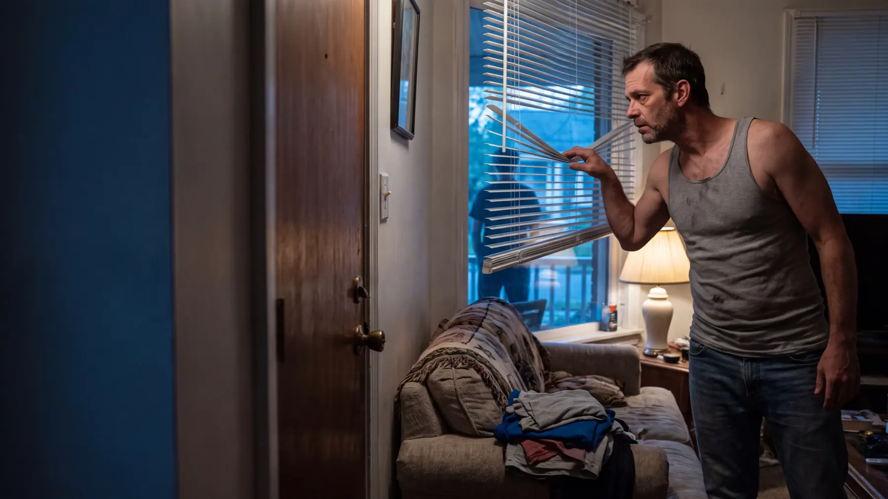 A man in a tank top peers through the blinds of his Utah rental, avoiding the person at his door