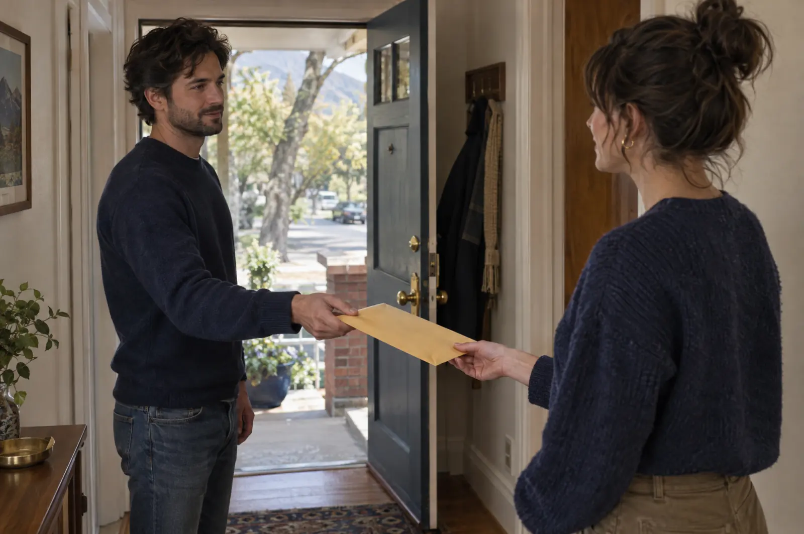 One roommate hands a sealed manila envelope to another in the entryway of a Salt Lake City home