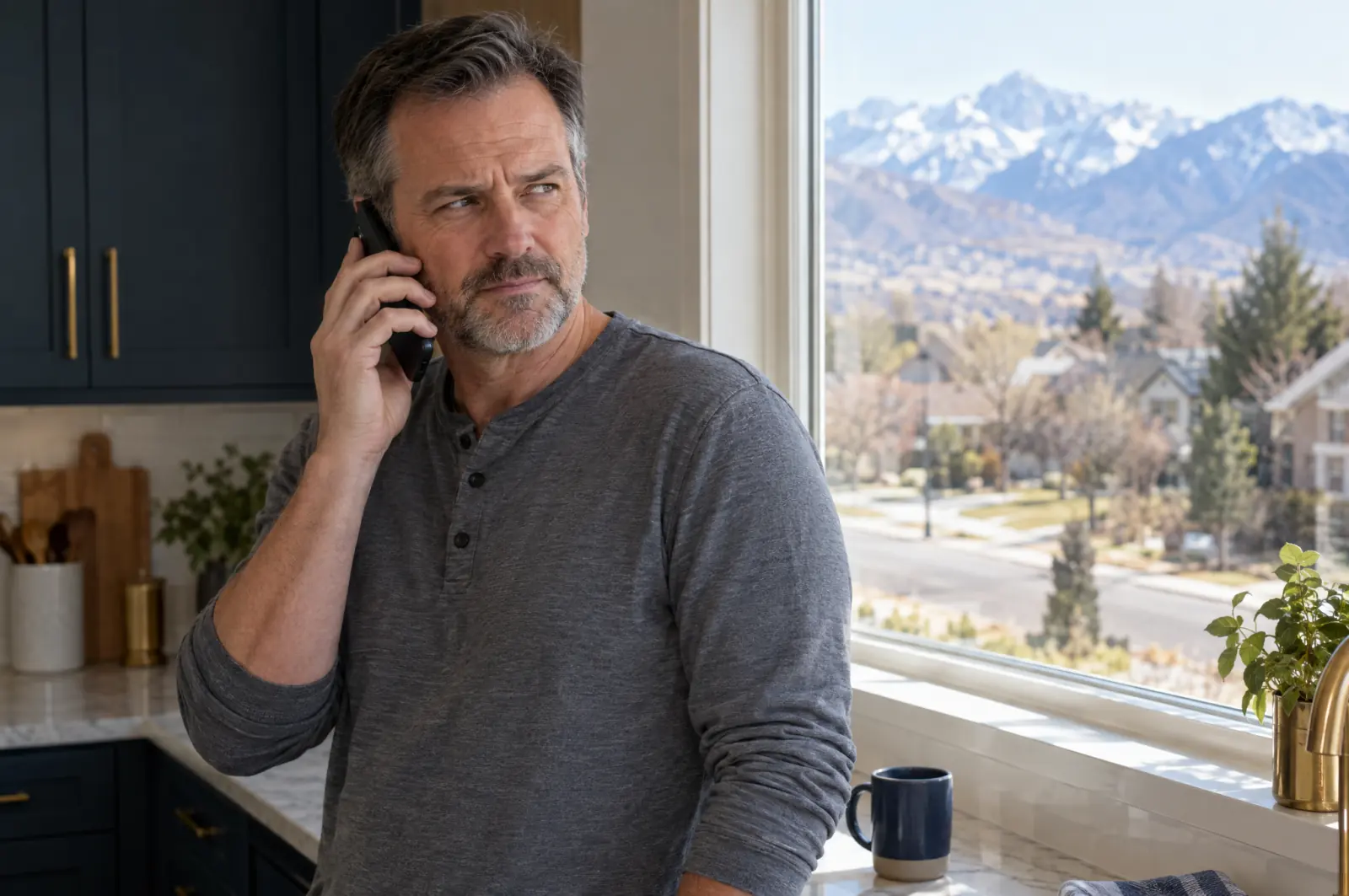 A man at his kitchen window on a phone call, looking cautious