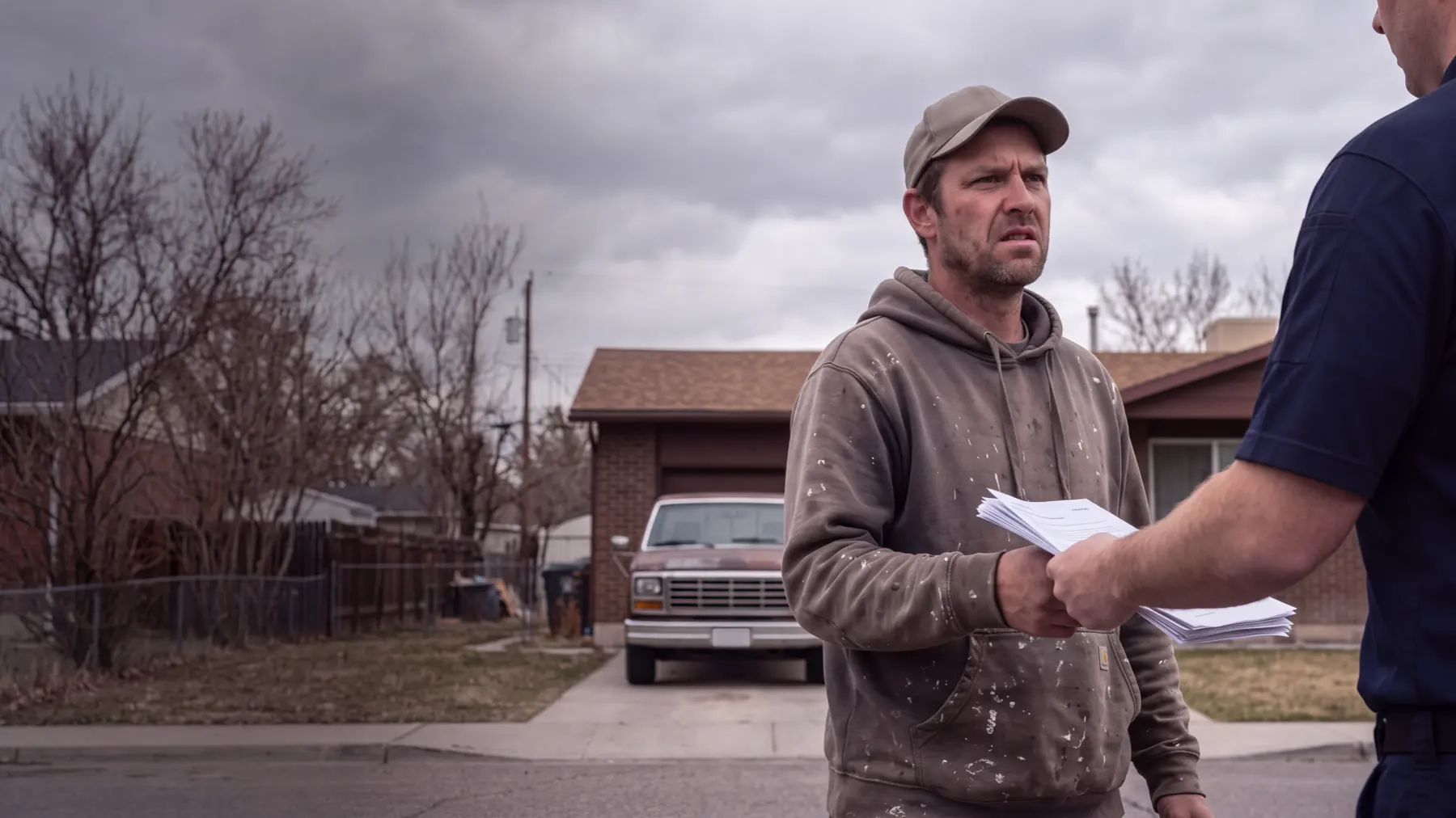 A man in a paint-flecked hoodie is handed a summons and complaint in the driveway of a Utah home