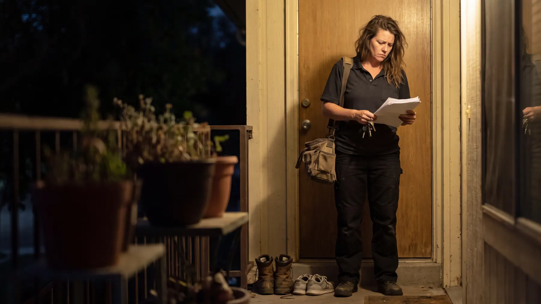 A woman in work clothes, keys in hand, reads court papers she was just handed at her apartment door