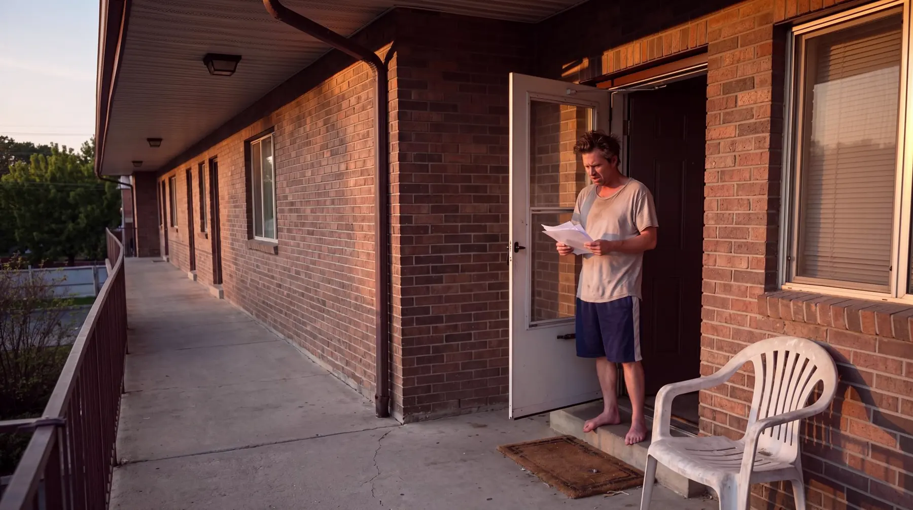 A barefoot man reads small claims papers in the doorway of his Utah apartment