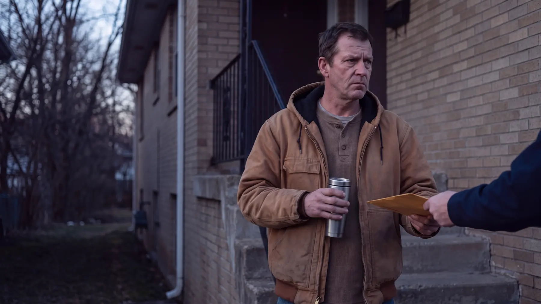 A man in a canvas work jacket holding a travel mug is handed a subpoena outside a Utah fourplex