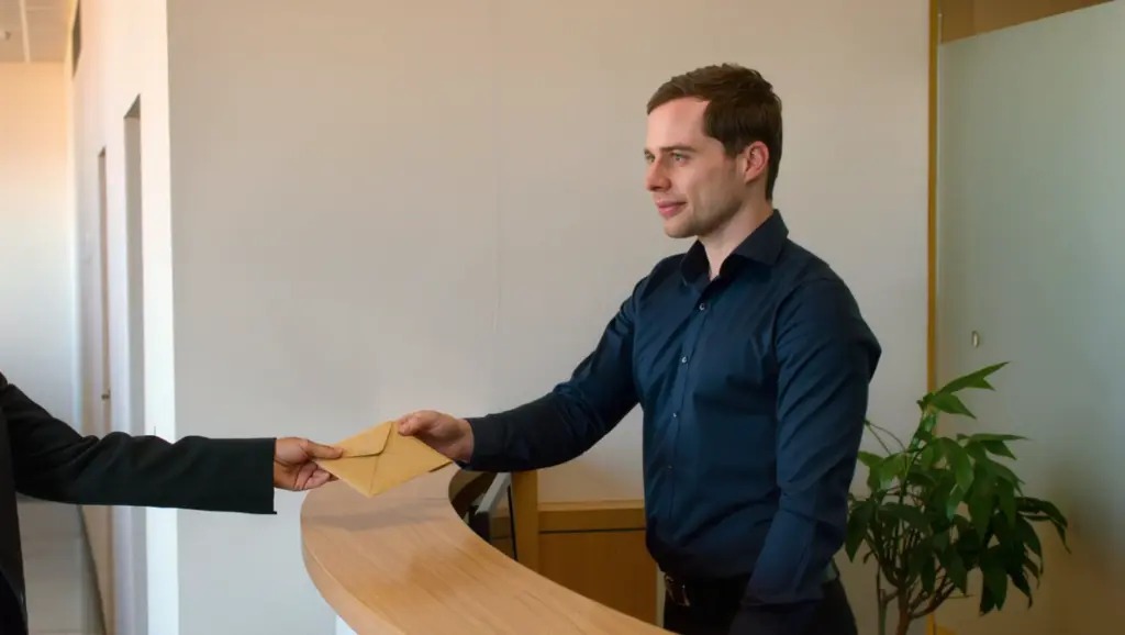 A deputy constable serving a registered agent at a business reception desk