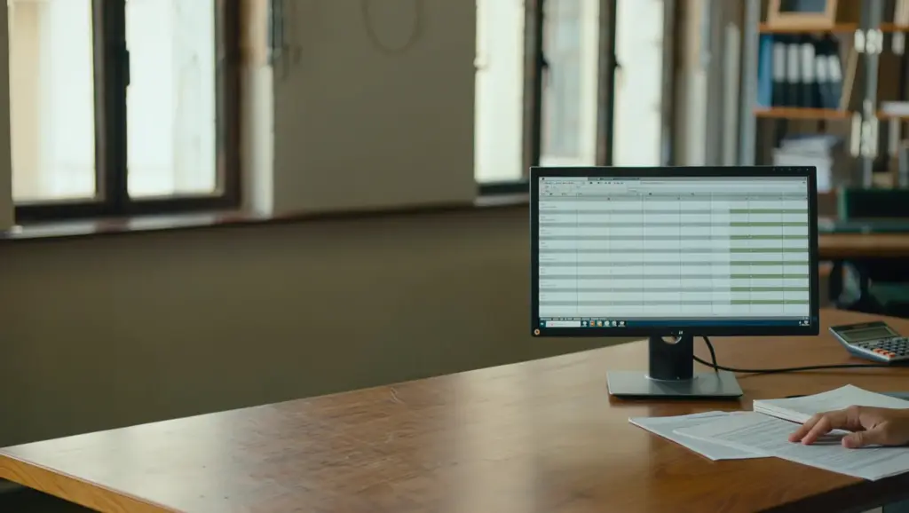 A monitor showing an account spreadsheet on a collections office desk