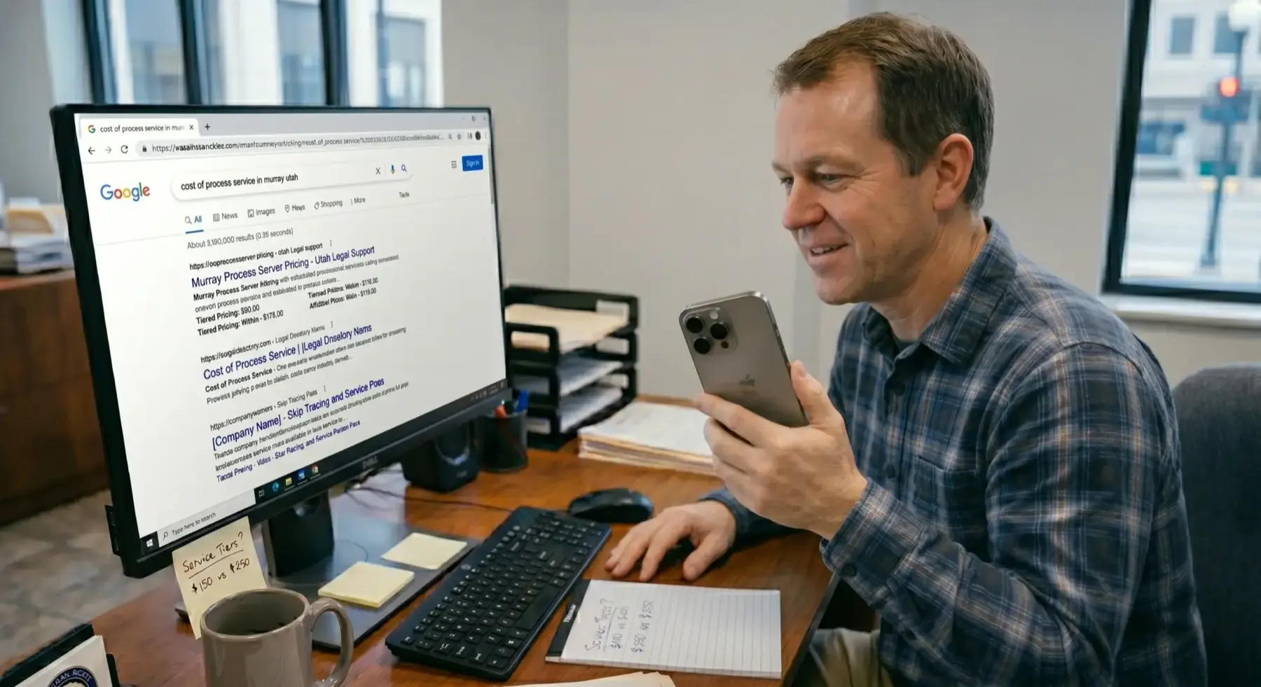 A man at a desk holding a phone, with search results for process serving on the monitor