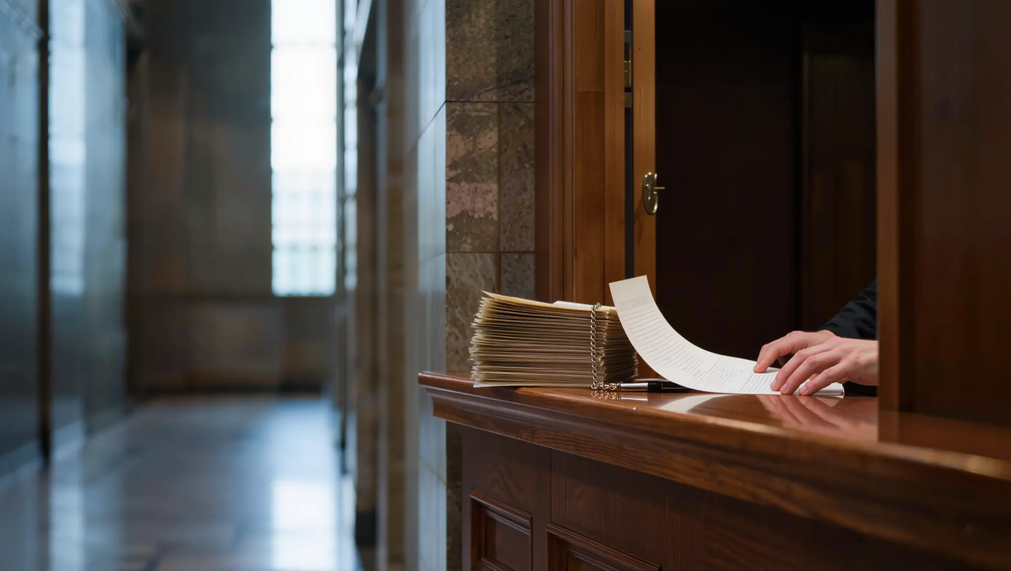 A signed court order on a courthouse clerk's counter, handed back across the window