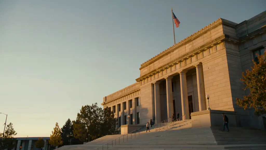 A Utah courthouse at golden hour, stone steps and columns with an American flag above