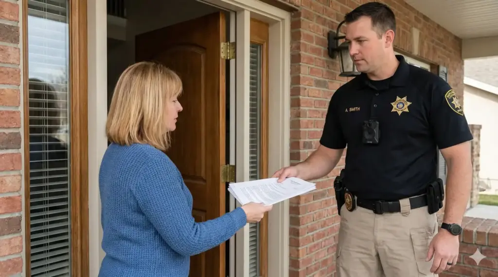 A deputy constable handing court papers to a resident at her front door