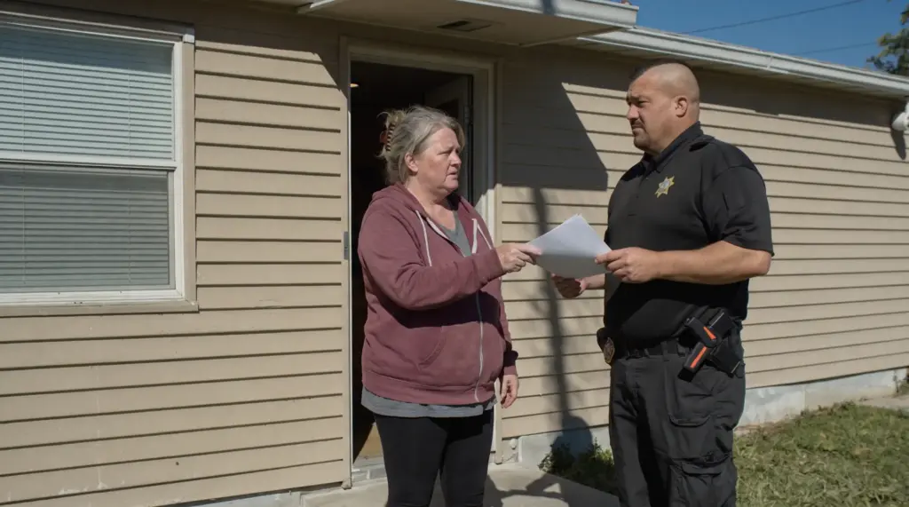 A deputy constable handing court papers to a resident at her front door