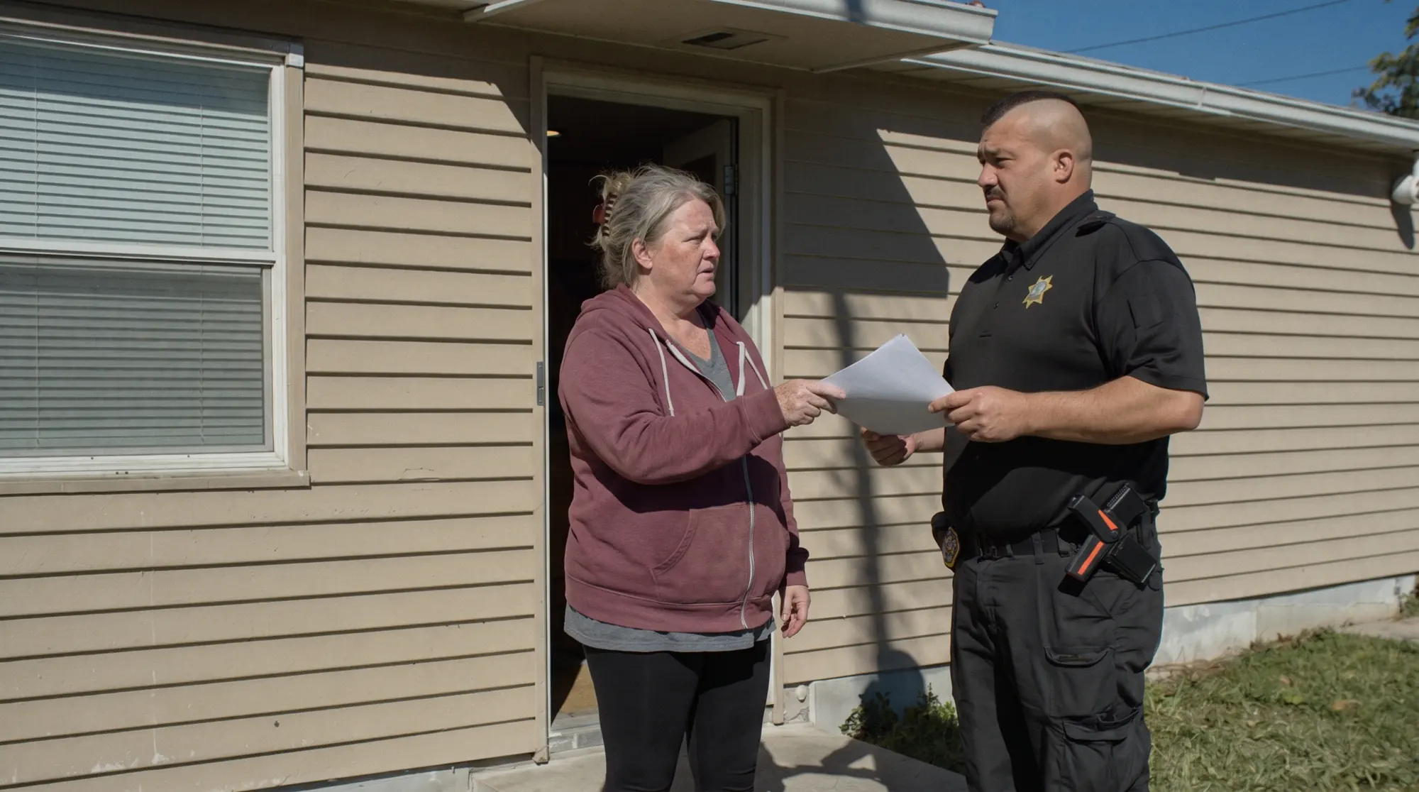 A deputy constable hands court papers to a resident at her front door
