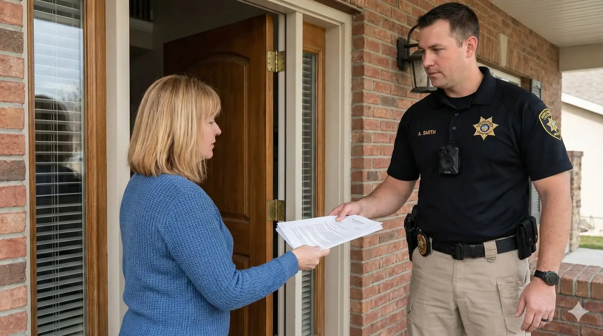 A deputy constable at a front door, calm and unthreatening