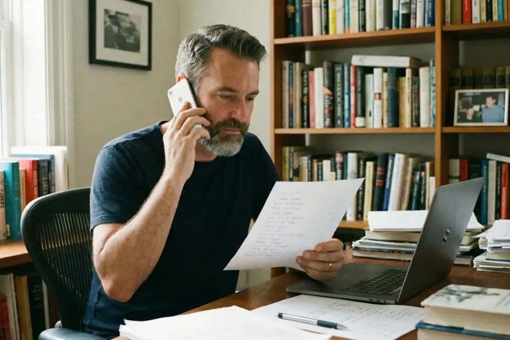 A man on the phone at a desk in a home study, reading a document