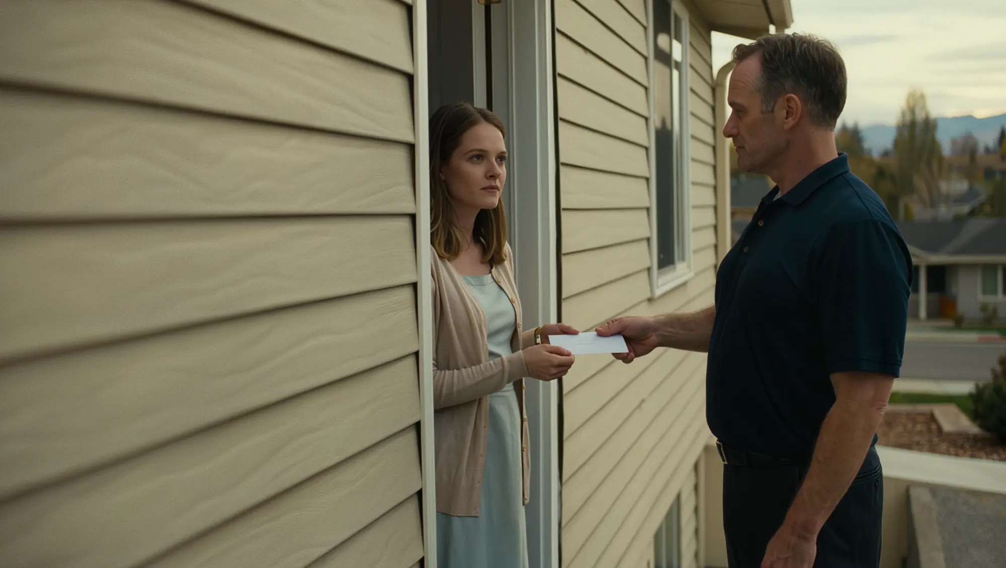 A deputy constable discreetly handing a sealed envelope to a resident at a Utah townhouse door