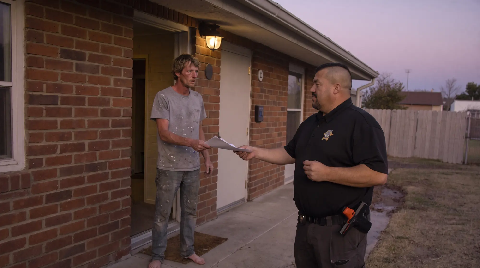 A deputy constable handing court papers to a resident at a front door