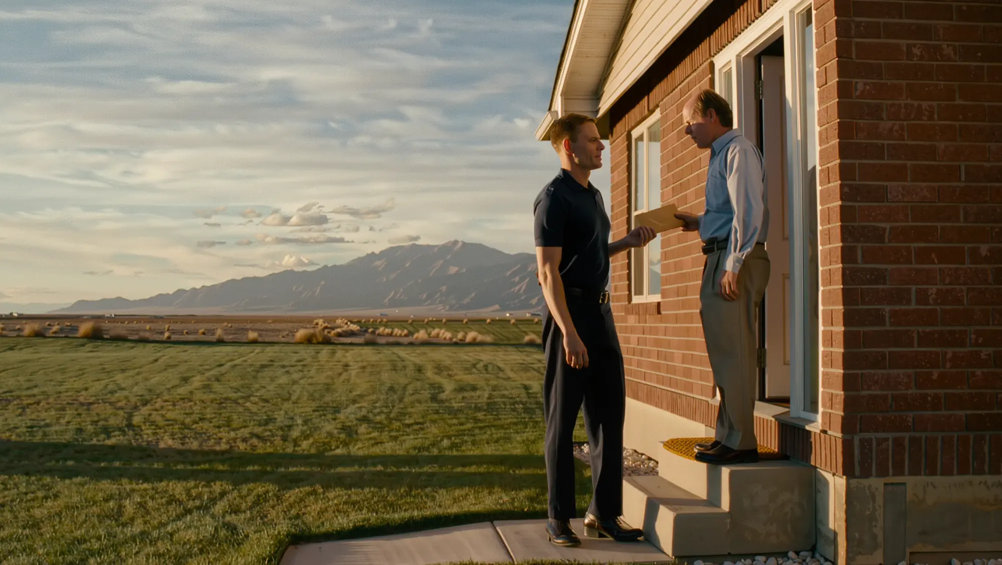 A deputy constable handing court papers to a resident at a front door