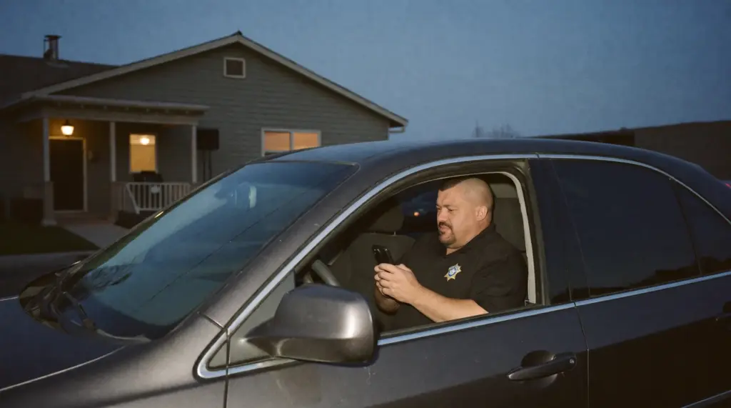 A deputy seated in a vehicle outside a home, logging an attempt on a phone