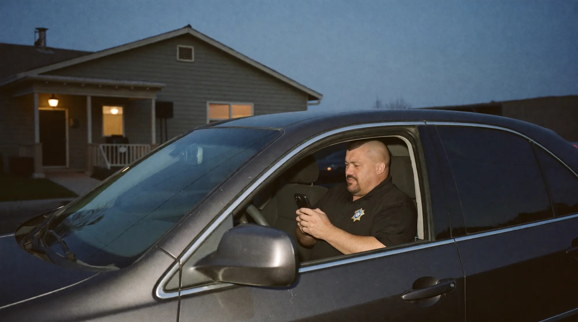 A deputy seated in a vehicle outside a home, logging an attempt on a phone