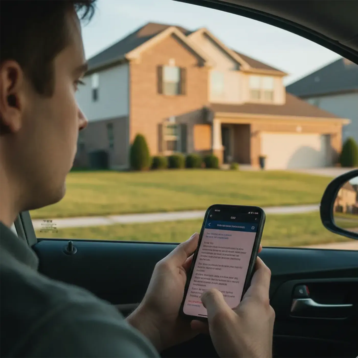 A deputy seated in a vehicle outside a home, logging an attempt on a phone