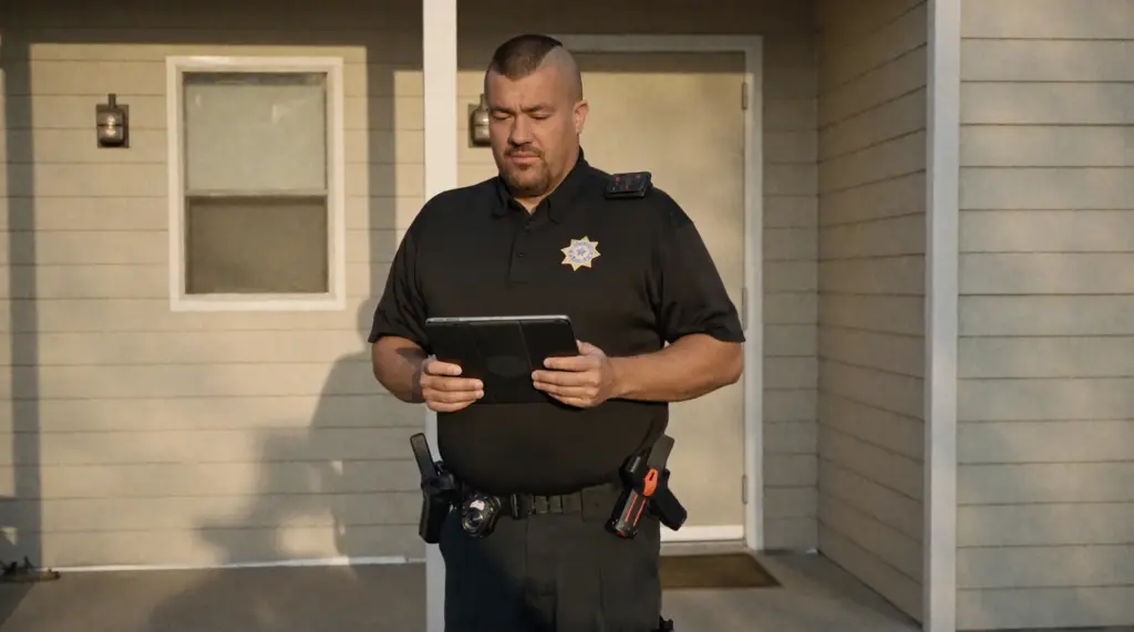 A deputy constable on a Utah porch, GPS-stamping the attempt on a tablet