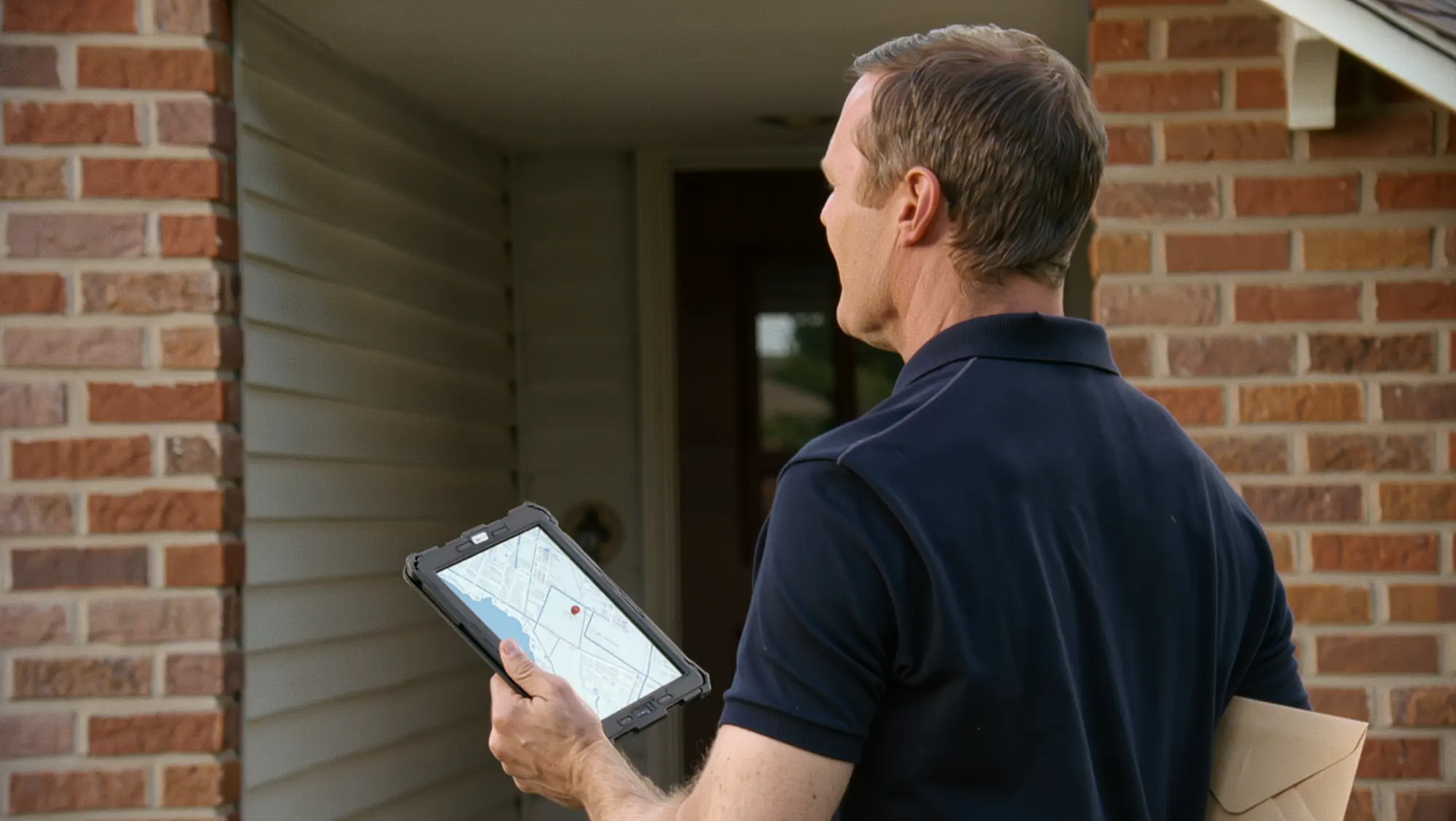 A deputy on a residential porch holding a tablet that shows a location pin for the attempt
