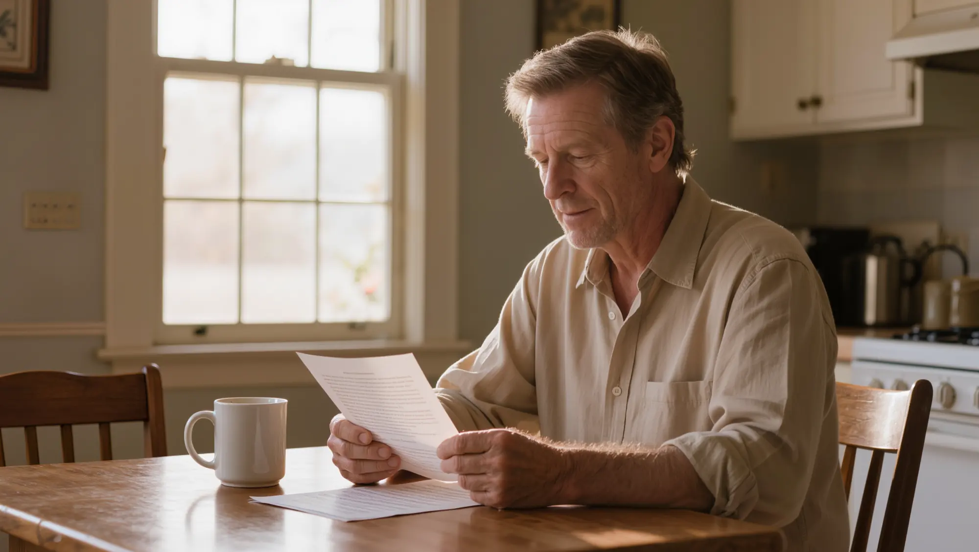 A person reading paperwork at a kitchen table in morning light