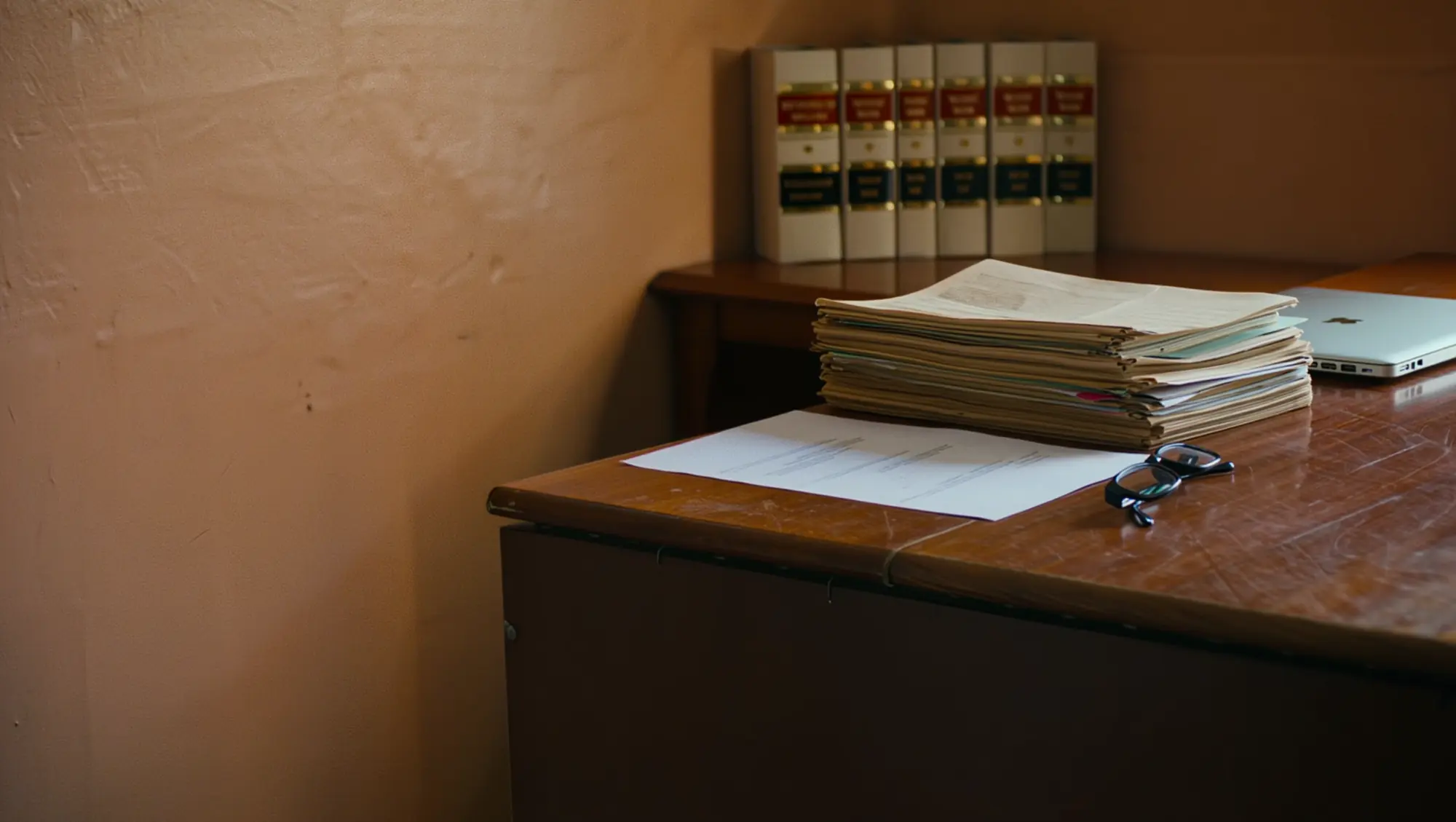 Case files and law reporters on the desk of a small Utah law office