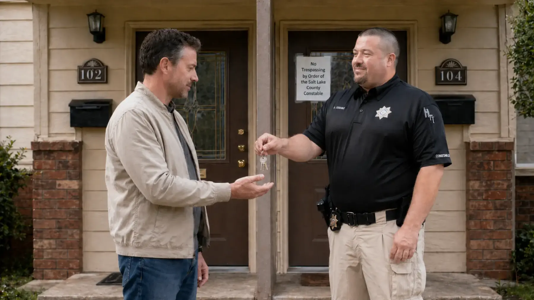 A locksmith installing a new deadbolt on a rental unit after a constable lockout