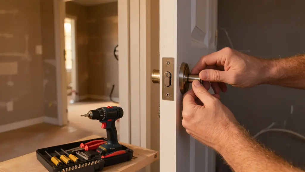A locksmith installing a new deadbolt on an empty rental unit after a lockout