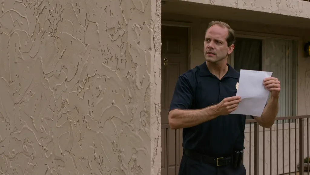 A deputy constable holding a notice on the walkway outside a Utah apartment unit