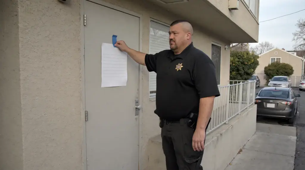 A deputy constable holding a notice on the walkway outside a Utah apartment unit