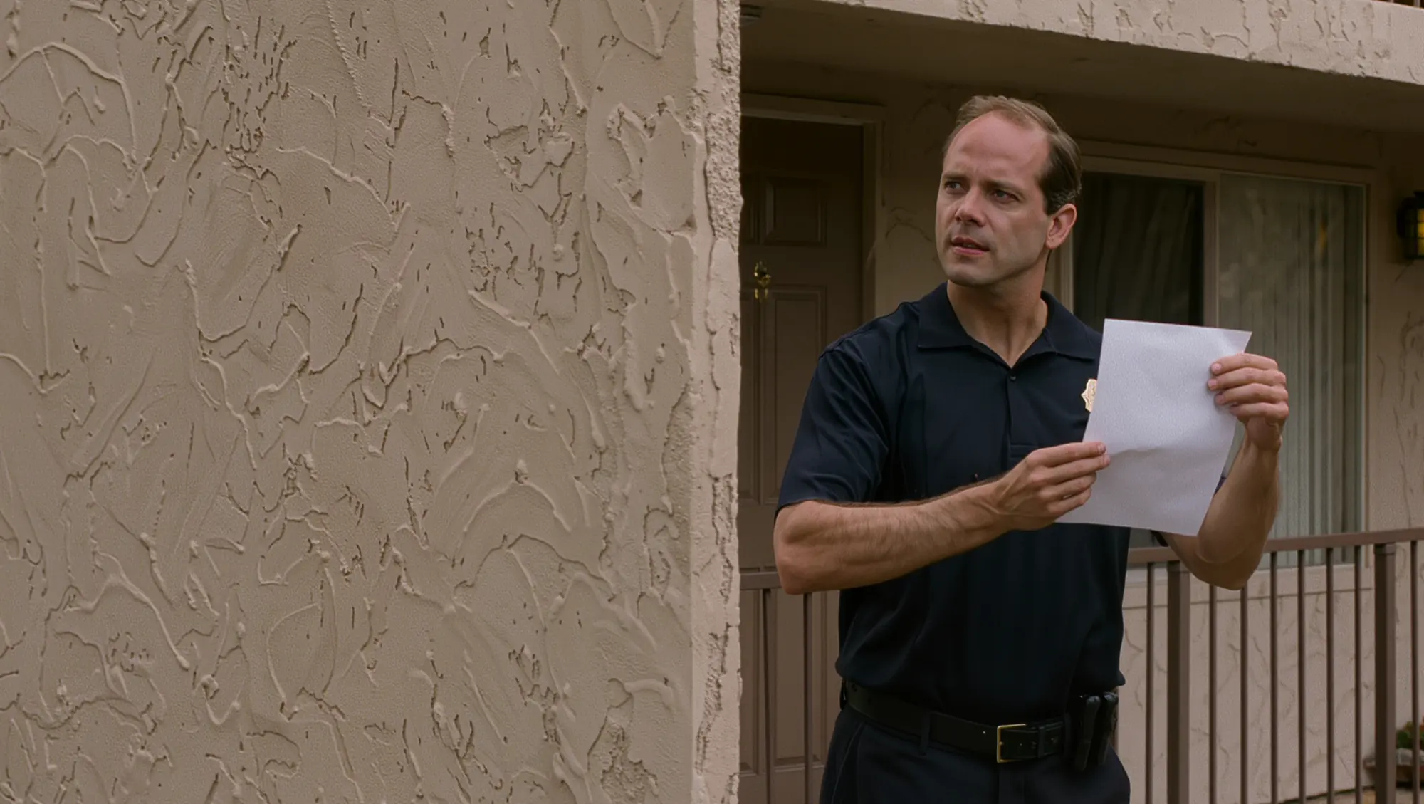 A deputy constable holding a notice on the walkway outside a Utah apartment unit