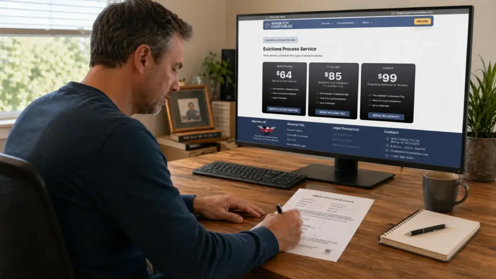 A landlord filling out a Three-Day Notice to Pay or Vacate at a desk, with eviction service pricing open on the monitor