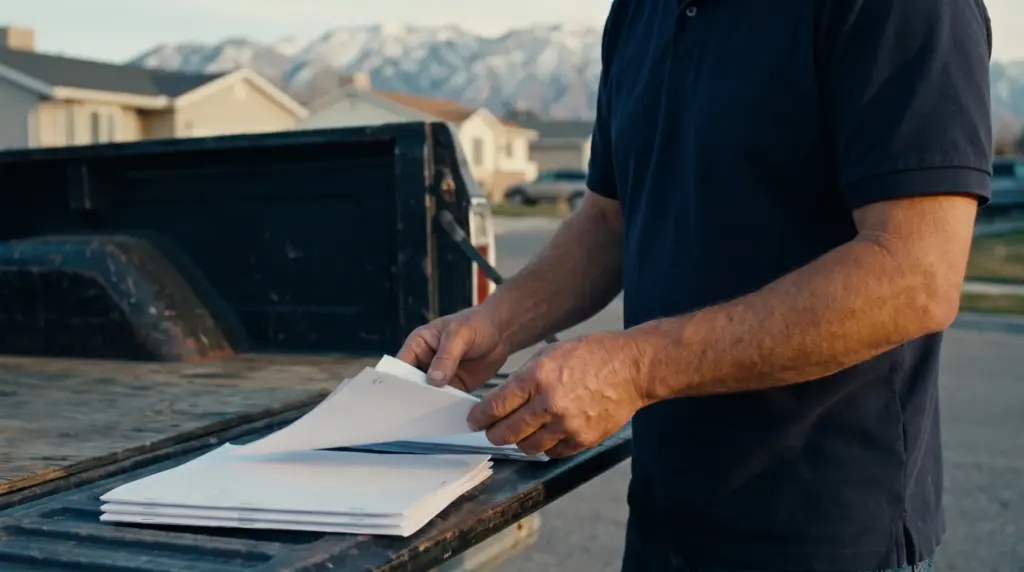 A deputy constable sorting several stapled court document packets on a truck tailgate before a route