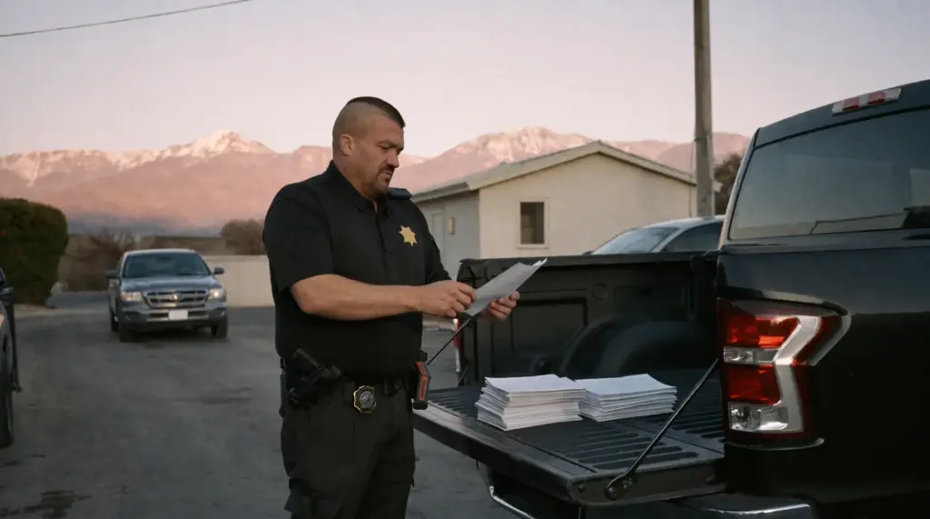 A deputy constable sorting several stapled court document packets on a truck tailgate before a route