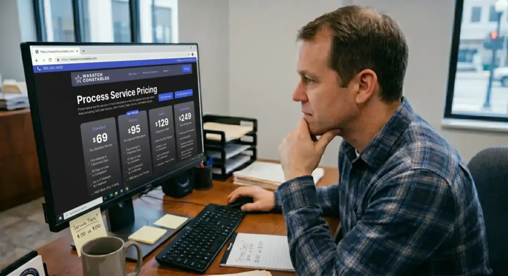 Choosing a service level on the Wasatch Constables pricing page, on a desktop monitor