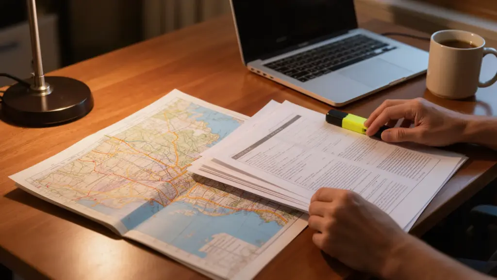 Address records and a road atlas spread across a desk during a skip trace