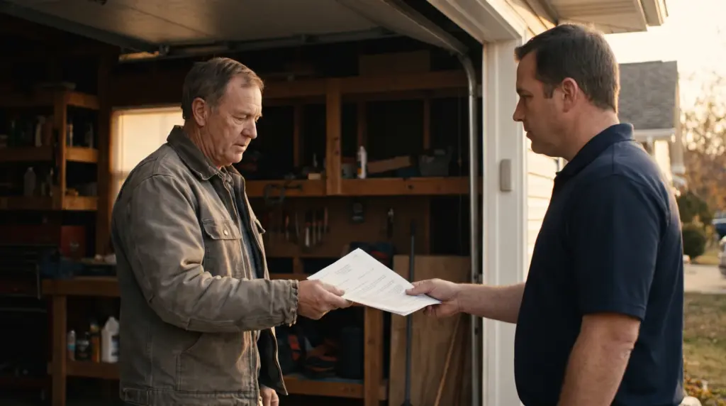 A deputy constable handing a subpoena to an older man standing in his open garage in late afternoon light